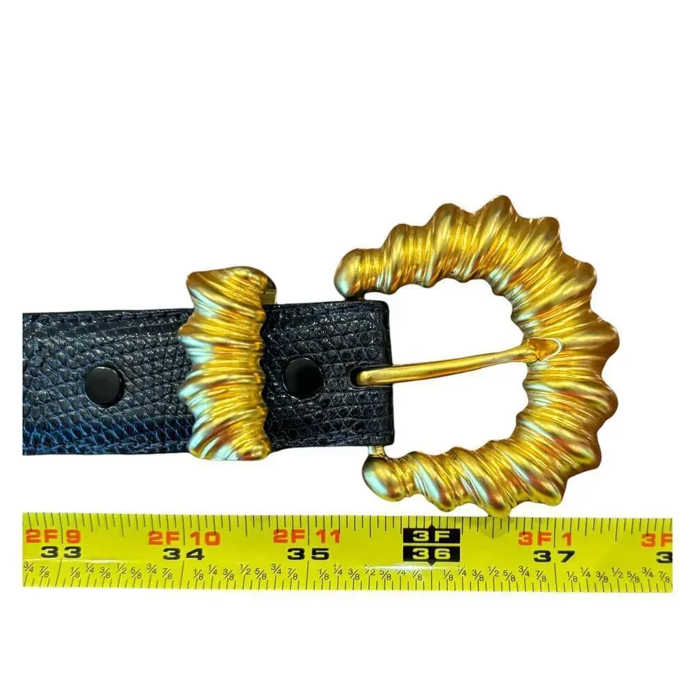 KLEINBERG SHERRILL Gold Tone Buckle with Black Snake Pattern Strap- Medium Large